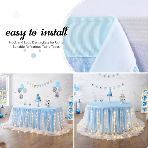Miniatura 3 de Falda de mesa de tul con volantes,tutú de mesa LED, rosa, blanco, azul o gris. Falda para mesas rectangulares, para baby shower, boda o decoración