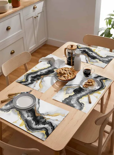 Miniatura 4 de Juego de 1 manteles individuales con textura de mármol de acuarela, tela lavable, moderno, color negro y dorado, mantel individual resistente al