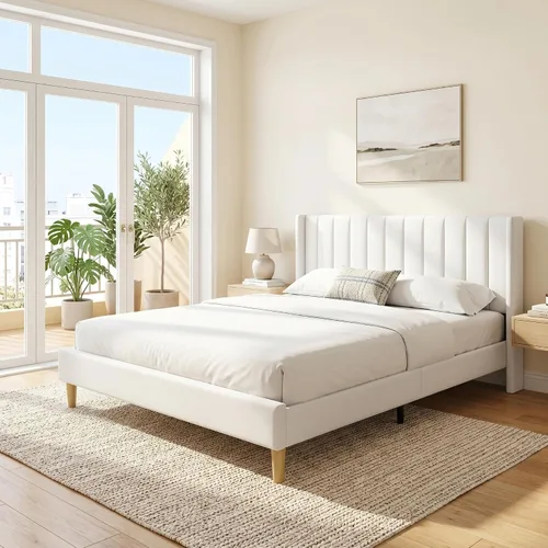 Miniatura 23 de Base de cama Queen con cabecero, base de cama de plataforma con respaldo de terciopelo vertical copetudo, soporte de listones de madera, no necesita