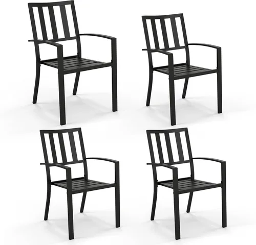 Miniatura 10 de PHI VILLA Juego de 2 sillas apilables de hierro forjado para patio, sillas de metal portátiles negras para exteriores, soporta 300 libras, ideal
