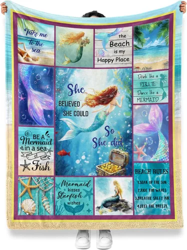 Miniatura 3 de Jekeno - Manta de sirena para niñas, sobrinas, hermanas, mujeres, regalos de cumpleaños o Navidad, estampado azul de sirena, presentes, decoración