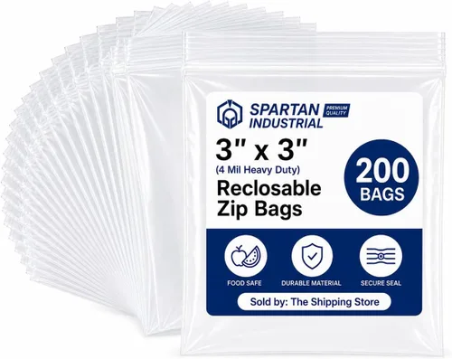 Spartan Industrial - Bolsas de plástico resistentes con cremallera de 3 x 3 pulgadas (200 unidades) - Bolsas de plástico transparente resellables de