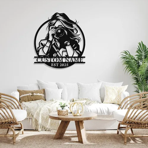 Miniatura 2 de Letrero de metal personalizado para fotógrafo, arte de pared de hierro para cámara y niña con cámara, decoración única con temática de fotografía