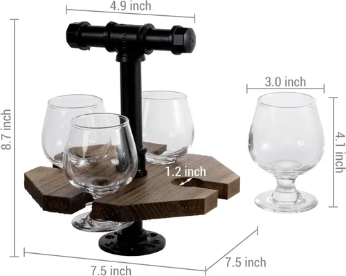 Miniatura 5 de MyGift Bandeja de madera quemada maciza para servir whisky y cerveza con asa de transporte industrial de tubo de metal negro y 4 vasos de cerveza