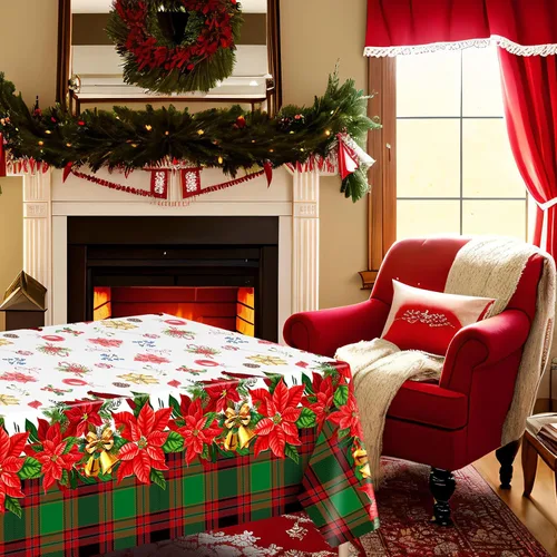 Miniatura 6 de Peryiter 2 piezas de mantel de plástico de Navidad alegre, 54 x 108 pulgadas, rojo de invierno, flor, loro, desechable, para decoración de fiesta