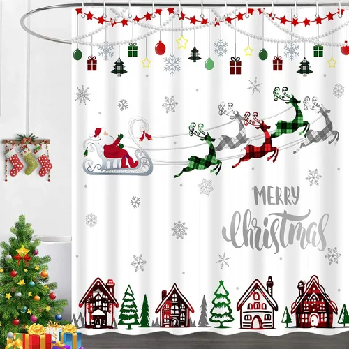 Miniatura 4 de Cortina de ducha de Feliz Navidad, trineo de Papá Noel, reno, copo de nieve, vacaciones, cuadros rojos y verdes, juego de cortinas de ducha