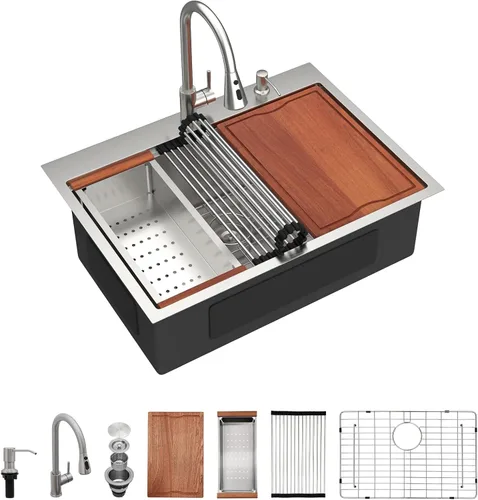Miniatura 30 de Dcolora 33x22 Fregadero de cocina de acero inoxidable de 16 calibres, estación de trabajo de caída, fregadero de cuenco único grande, montaje