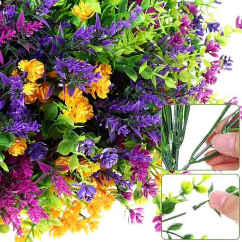 Miniatura 3 de Hoteam 48 paquetes de flores artificiales de plástico para exteriores, flores de boj de plástico, arbustos de plástico para patio, porche, jardín
