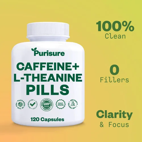 Miniatura 2 de Purisure Cápsulas de teanina de cafeína, píldoras de cafeína 100 mg L teanina para pre entrenamiento, energía y claridad, píldoras energéticas