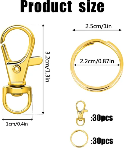 Miniatura 2 de SANNIX 60 piezas de ganchos giratorios dorados con llaveros, ganchos de clip para llavero, anillos para llavero, cierres de pinza de langosta