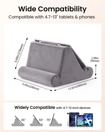 Miniatura 5 de CreaDream Soporte de almohada para tableta, almohadilla suave para regazo, soporte para tablet para cama con 3 ángulos de visión, bolsillo, soporte