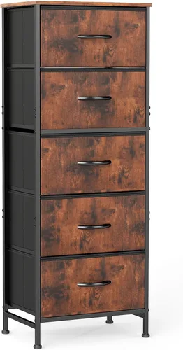 Miniatura 18 de Sweetcrispy Cómoda alta de tela para dormitorio, cómoda delgada de 6 cajones, torre de almacenamiento estrecha con parte superior de madera y marco