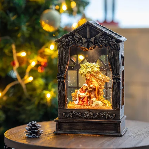 Miniatura 5 de Globo de nieve navideño iluminado con pesebre y escena del nacimiento, musical de la Sagrada Familia, agua y cuna con música silenciosa de la noche