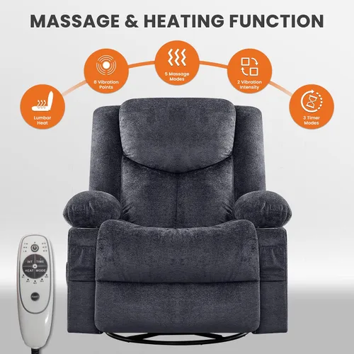 Miniatura 3 de Silla reclinable giratoria para adultos, reclinable de gran tamaño con masaje y calor lumbar, mecedora con bolsillo lateral, 2 portavasos para sala