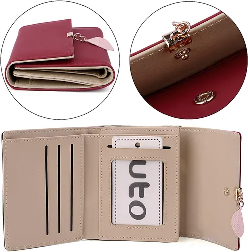 Miniatura 37 de UTO - Cartera pequeña RFID de piel sintética con dije de hoja, cierre de cremallera y tarjetero.