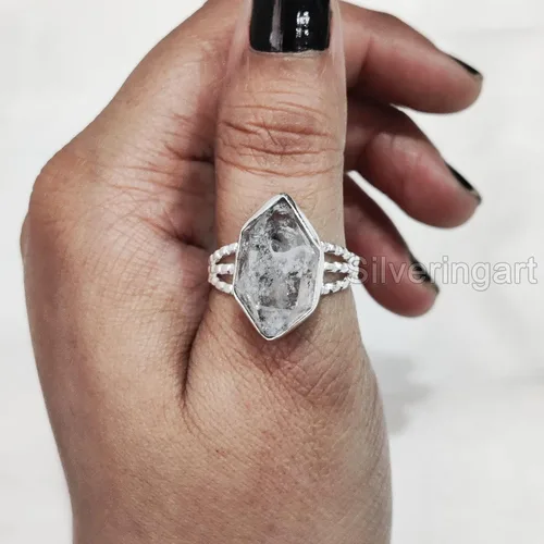 Miniatura 4 de Natural Herkimer Diamond Ring, Rough Herkimer Diamond Ring, Birthstone, 3 Doted Band, 925 Sterling Silver, Womens Ring, Christmas, Thanksgiving