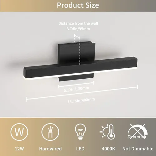 Miniatura 6 de Joossnwell Lámpara LED para tocador de baño, accesorio de iluminación moderno, barra de luz de baño de 15.75 pulgadas, aplique de pared negro 12W