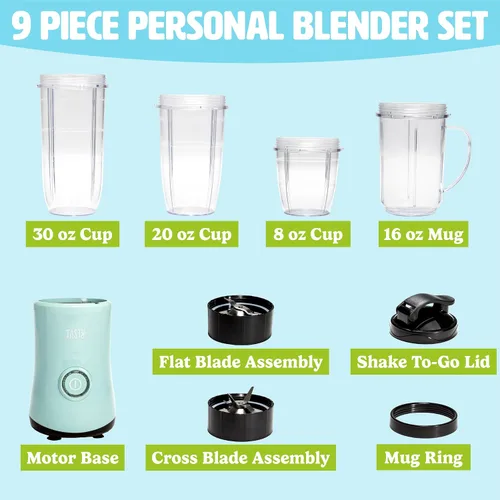 Miniatura 6 de Tasty Licuadora personal con taza, potente motor de mezcla de 350 W, juego de 9 piezas con 4 tazas y tapa de viaje, compacta y portátil, aguamarina