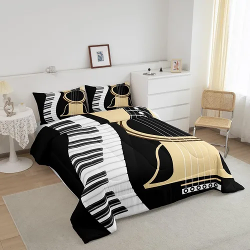 Miniatura 2 de Juego de ropa de cama de guitarra, tamaño individual para niños y niñas, juego de edredón con teclados de piano, temática musical, inserto