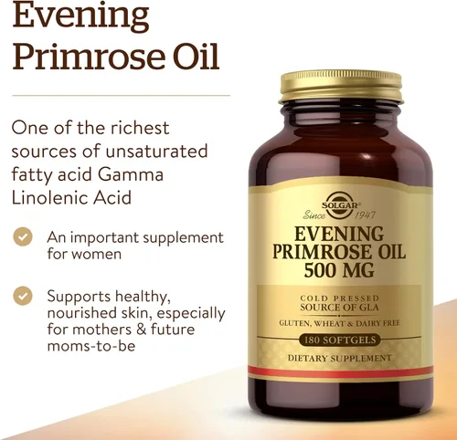 Miniatura 3 de Solgar Aceite de onagra de 500 mg, 180 cápsulas blandas, promueve una piel saludable y la salud cardiovascular, apoyo nutricional para mujeres, sin