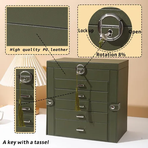 Miniatura 4 de BOOVO Joyero para mujer, organizador de joyas grande de 6 capas con espejo, caja de almacenamiento multifunción con cerradura, soporte de accesorios