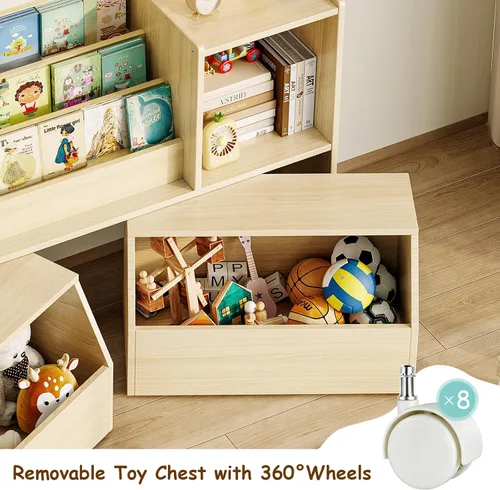 Miniatura 3 de EXPERLAM Estantería de madera maciza para niños y organizador de almacenamiento de juguetes, estantería Montessori 3 en 1 con cubos