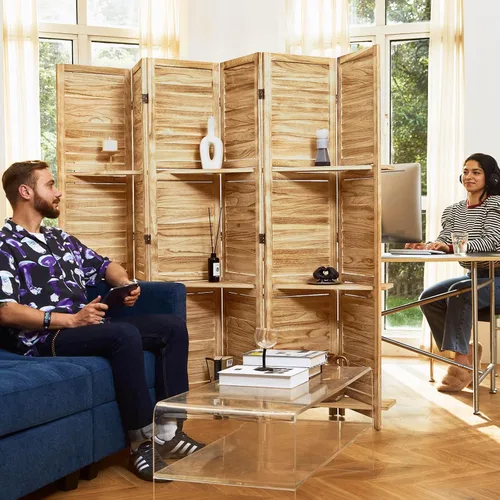 Miniatura 4 de Divisores de habitación, pantalla plegable de privacidad de madera de 67 x 51 pulgadas con tres estantes de exhibición, adecuado para oficina