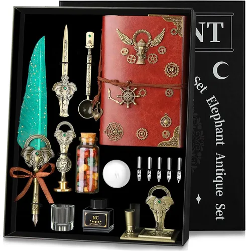 Miniatura 9 de Juego de tinta y pluma estilográfica NC - Azul, con bolígrafo, cuaderno, 5 puntas, tinta, soporte, sello, cuchara, cuentas de cera, sobres y papel