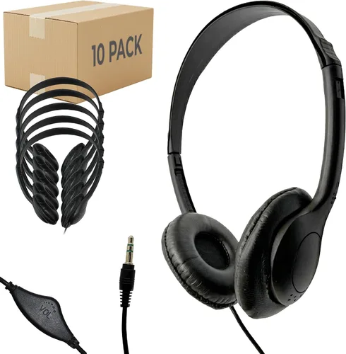 Soundnetic SNCCV - Paquete de 10 auriculares estéreo con almohadillas de cuero sintético y control de volumen, color negro, ideales para escuelas