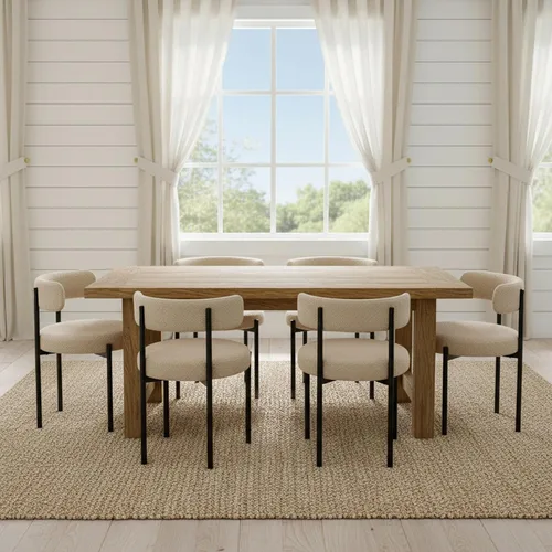Miniatura 6 de Juego de 2 sillas de comedor Boucle, sillas de comedor beige con asiento tapizado y respaldo redondo, sillas de cocina modernas de mediados de siglo