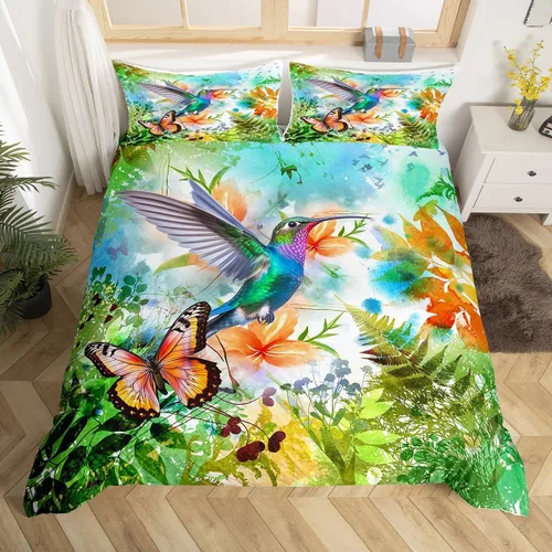 Miniatura 25 de Juego de ropa de cama floral, funda de edredón de flores de iris de colibrí, tamaño matrimonial, jardín, botánico, magnífica, funda de edredón