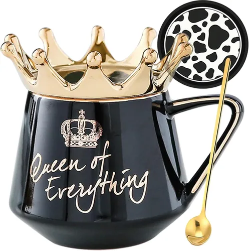 Miniatura 7 de Arawat Queen of Everything - Taza con tapa, taza negra dulce con corona de café, taza de 12 onzas, regalo con cuchara y posavasos, taza de té