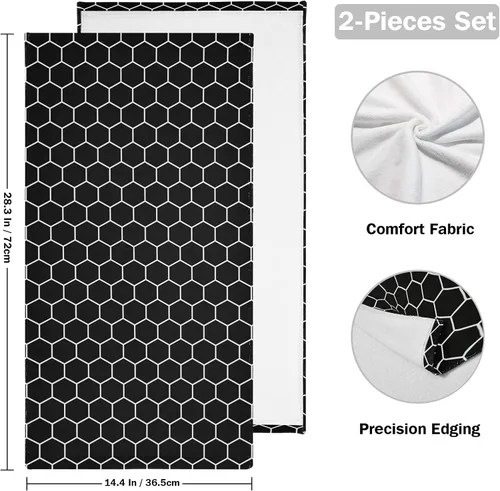 Miniatura 2 de Juego de 2 toallas faciales de poliéster suave y absorbente para baño, diseño de panal de abeja, hexagonal, negro y blanco, para peluquería