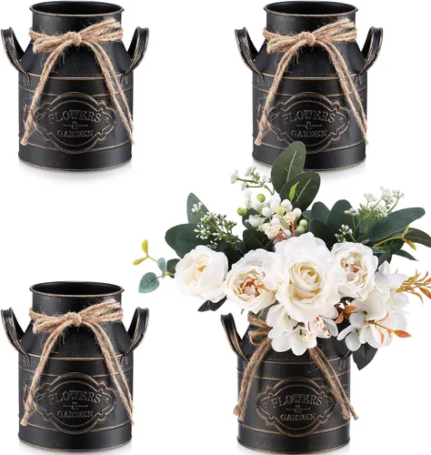 Miniatura 9 de Roshtia Jarrón de metal para leche de 6 pulgadas, 8 unidades, jarrón de leche galvanizado vintage a granel, cubo de flores rústicas, estilo francés