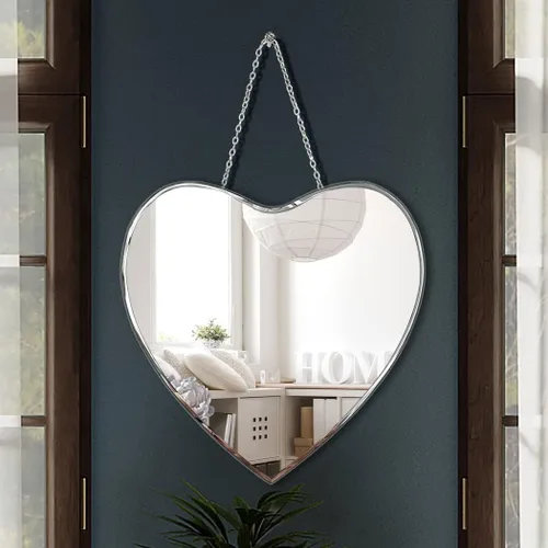 Miniatura 4 de QMDECOR Espejo en forma de corazón con cadena de hierro para decoración de pared, 12 x 12 pulgadas, para colgar en la pared, cristal real, sin