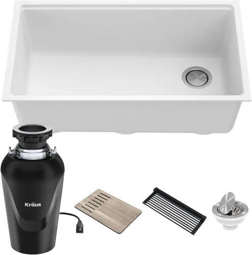 Miniatura 13 de KRAUS Bellucci Fregadero de cocina de granito con estación de trabajo empotrado de 30 pulgadas en negro metálico con accesorios, KGUW2-30MBL