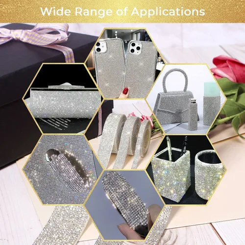 Miniatura 5 de Ribbli Cinta de diamantes de imitación de cristal autoadhesiva de 3 yardas, diamantes de imitación para manualidades, cinta plateada para decoración