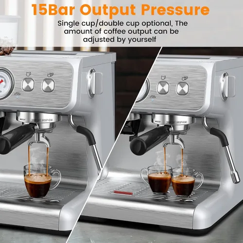 Miniatura 3 de Máquina de café expreso con molinillo integrado, cafetera profesional de 15 barras con espumador de leche, cafetera espresso de acero inoxidable