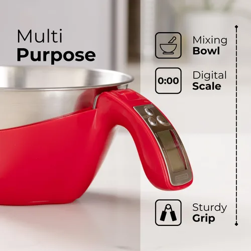 Miniatura 5 de Fradel Báscula digital de cocina con cuenco (extraíble) y taza medidora, acero inoxidable, luz de fondo, capacidad de 11 libras, para cocinar, Rojo