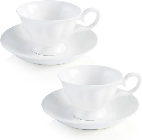 Miniatura 14 de Juego de 2 tazas y platillos de espresso de porcelana fina, juego de tazas de té blanco clásico de 5 onzas para café, capuchino, café con leche, té