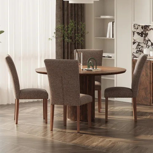 Miniatura 18 de Juego de 2 sillas de comedor de granja, respaldo alto con patas de madera y ribete de cabeza de clavo, silla de comedor de tela moderna