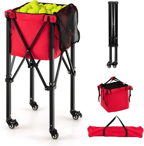 GYMAX Tolva de pelota de tenis, carrito plegable para 150 pelotas de tenis con bolsa de transporte, marco de fácil montaje, bolsa extraíble y 4 Rojo
