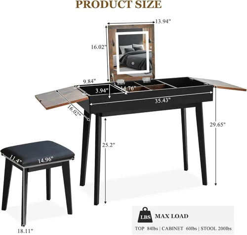 Miniatura 2 de Tocador Pequeño, Tocador Compacto para Niñas con Taburete y Toma de Corriente, Escritorio de Maquillaje con Espejo y Luz LED, Mesa de Tocador