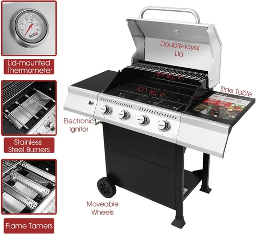 Miniatura 6 de Royal Gourmet GA4400T Parrilla de acero inoxidable de 4 quemadores, gasolina de propano líquido, 40,000 BTU, estilo de carrito, perfecto para un