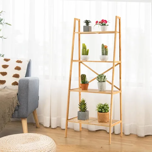 Miniatura 8 de Giantex Estantería de bambú de 4 niveles, estantes de almacenamiento multifuncionales con dispositivo antivuelco, estante de escalera de bambú