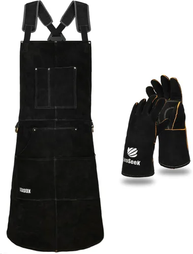 LeaSeek Delantal de soldadura de cuero, resistente al calor y al fuego, con 6 bolsillos, delantal de taller de carpintería Negro - 24"x 36" con