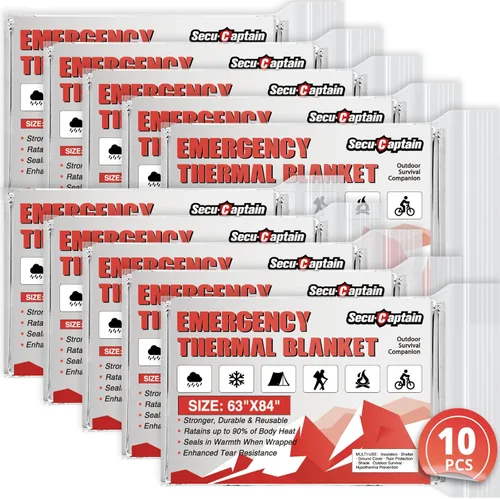 SecuCaptain Mantas Térmicas de Emergencia de Supervivencia: Extra Grandes 84" x 63" Kit de Manta de Mylar Espacial para Exteriores Camping de