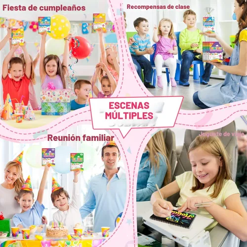 Miniatura 8 de Recuerdos de papel para rascar para fiestas para niños: paquete de 16 cuadernos de rayas arcoíris, bolsas de regalo, libros para colorear, recuerdos