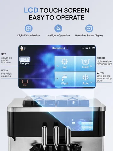 Miniatura 5 de Máquina de helado comercial de 5.8-7.9 galones/h, 3 sabores suaves con tolva de 14 L, máquina de helado de limpieza automática con panel LCD táctil