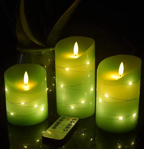 Miniatura 9 de danip Vela LED sin llama azul cielo con cuerda de luz de estrellas integrada, 3 velas LED, control remoto de 11 teclas, función de temporizador